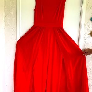 Gorgeous red open shoulder jumpsuit with chiffon over skirt!